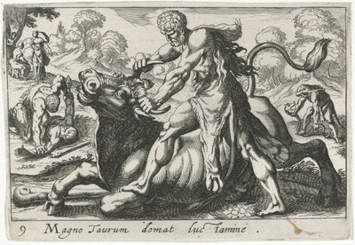 Herkules csatában Achelousszal Nagy bikát szelídít meg birkózással (cím a tárgyon) Herculische téma (sorozat címe) alkotó: Simon Frisius