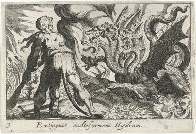 Herkules harcol a lernai hidrával Többformájú hidram kioltása (cím az objektumon) Herkulesi témák (sorozat címe) alkotó: Simon Frisius