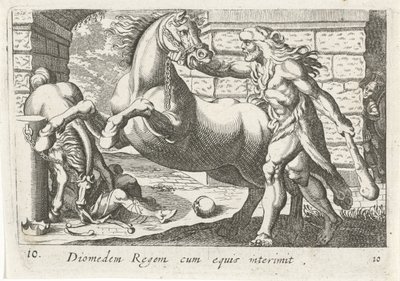 Hercules temt de paarden van Diomedes Diomedes, a király lovakkal (cím a tárgyon) Herculische téma (sorozat címe) alkotó: Simon Frisius