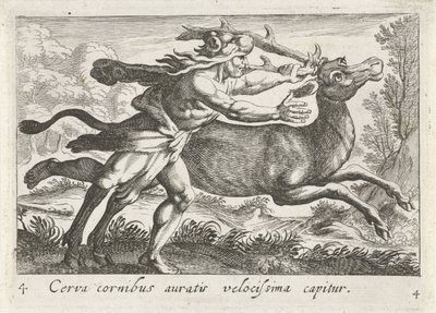 Hercules vangt de Hind van Cerynea Nagyon gyorsan elkapnak egy aranyszarvú szarvast (cím a tárgyon) Herculische téma (sorozat címe) alkotó: Simon Frisius