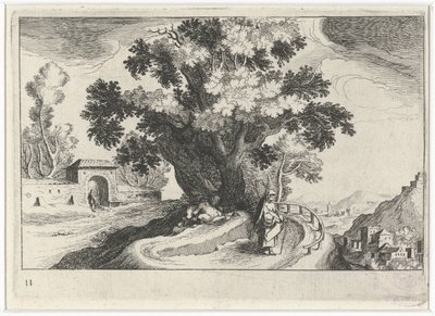 Dombos táj szerelmeskedéssel egy fa alatt Dél-európai tájak (sorozat címe) Topographia variarum regionum (sorozat címe) alkotó: Simon Frisius