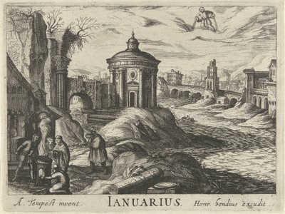 január Ianuarius (cím a tárgyon) Tizenkét hónap (sorozat címe) alkotó: Simon Frisius