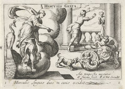 Jonge Hercules wurgt twee szleng Herkules megöl két kígyót a bölcsőjükben (cím a tárgyon) Herculische téma (sorozat címe) Hercules (sorozat címe az objektumon) alkotó: Simon Frisius