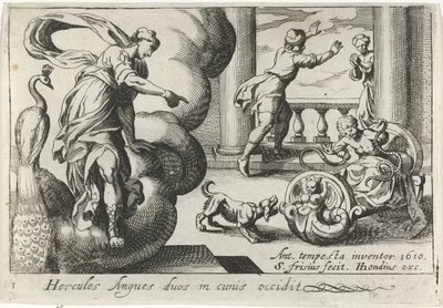 Jonge Hercules wurgt twee szleng Herkules megöl két kígyót a bölcsőjükben (cím a tárgyon) Herculische téma (sorozat címe) alkotó: Simon Frisius
