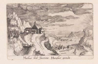 Tájkép egy folyóvölgydel és egy dombon álló templommal, a Topographia Variarum Regionumból alkotó: Simon Frisius
