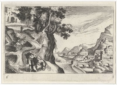 Landschap találkozott Juda en Tamarral Zuid-európai táj (sorozat címe) Különböző régiók topográfiája (sorozat címe) alkotó: Simon Frisius