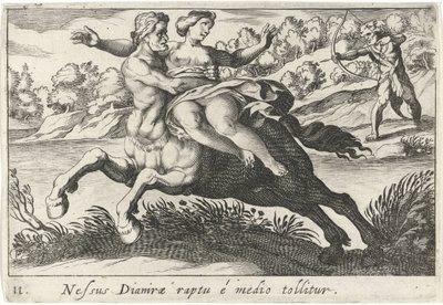 Nessus megpróbálja megrázni Deïanirát A Dianira kötése eltávolítva középről (cím a tárgyon) Herculische téma (sorozat címe) alkotó: Simon Frisius