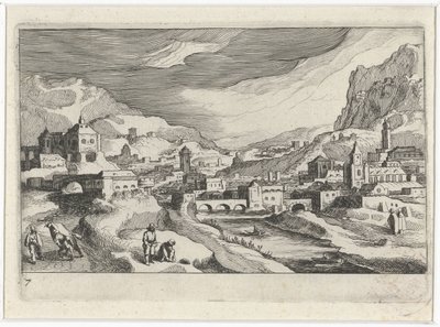 Városkép a folyó völgyében Dél-európai tájak (sorozat címe) Topographia variarum regionum (sorozat címe) alkotó: Simon Frisius
