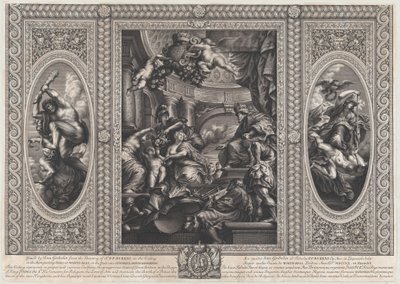 Egy allegorikus jelenet, amely Jakab uralkodásának előnyeit mutatja be a középpontban, a bölcs kormány csavargója..., 1720. alkotó: Simon Gribelin