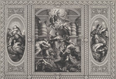 I. Jakab Károlyt nevezi ki skót királynak a középpontban, Minervát pedig a Tudatlanság lándzsájával ri..., 1720. alkotó: Simon Gribelin