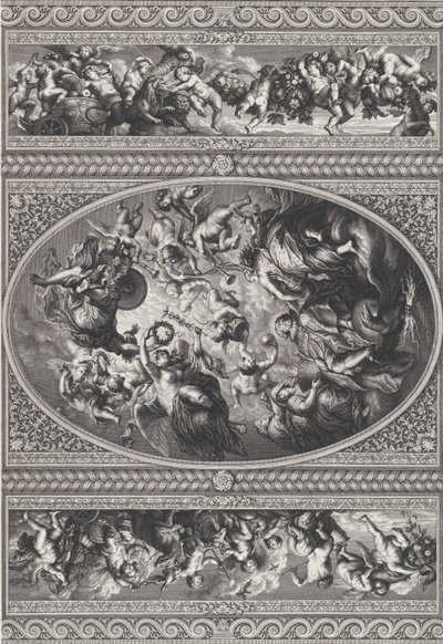 I. Jakab apoteózisa oválisan középen, frízek puttival és füzérekkel..., 1720. alkotó: Simon Gribelin