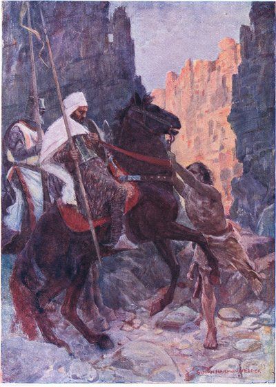 Egy kecskebőrbe öltözött magas férfi kiugrott az ösvény közepére, és mindkét kezében megragadta a szaracén kantár gyeplőjét. alkotó: Simon Harmon Vedder
