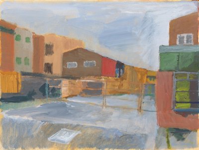 Előudvar és épületek, 2025 (akril, vászon) alkotó: Simon Neville