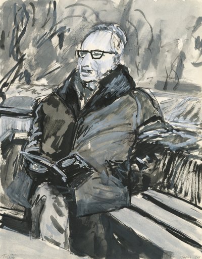 Könyvet olvasó férfi, 2019 (tinta és akrilfesték tollak papírra) alkotó: Simon Neville