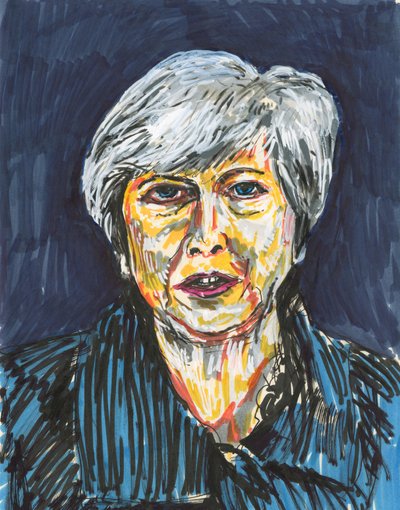 Theresa May, 2019 (tinta és akrilfesték tollak papírra) alkotó: Simon Neville
