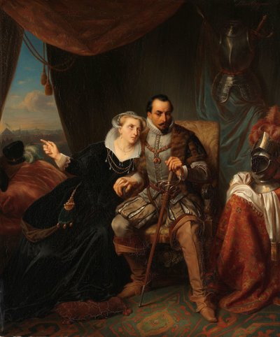 Magdalena Moons könyörög vőlegényéhez, Francisco Valdezhez, hogy halasszák el egy újabb éjszakára Leiden megrohanását, 1574 Jelenet a nyolcvanéves háborúból alkotó: Simon Opzoomer