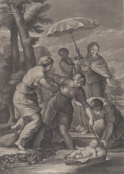 Három nő húzza be a kosarat a csecsemő Mózessel a vízből, kb. 1729. alkotó: Simon Vallee
