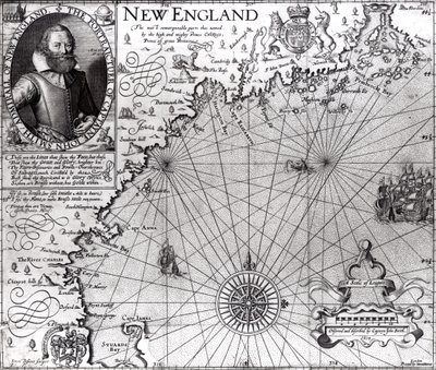 New England partvidékének térképe, amelyet John Smith kapitány (1580-1631) figyelt meg és írt le 1614-ben, a General Historie-ból, 1624 alkotó: Simon de Passe