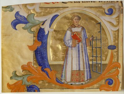 Kéziratos megvilágítás Szent Lőrinccsel C-betűvel, graduálból, olasz, kb. 1380-90. alkotó: Simone Camaldolese