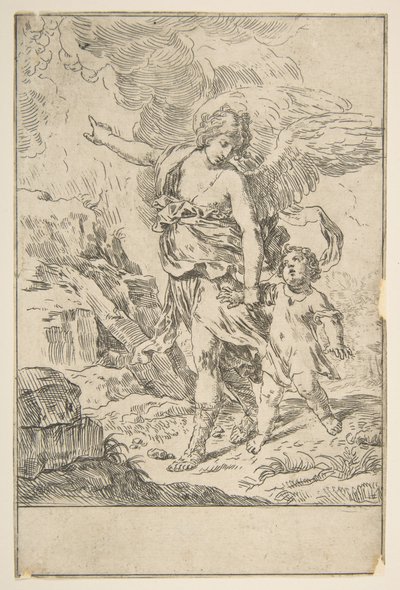 Egy gyermekkel sétáló őrangyal, kb. 1640. alkotó: Simone Cantarini