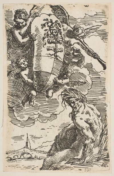 A Foglia folyó allegóriája Pesaros város címerével, előlappal ..., kb. 1639. alkotó: Simone Cantarini