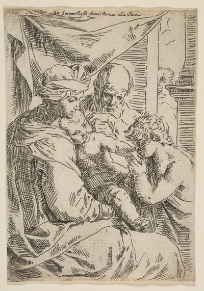 Szent Család Keresztelő Szent Jánossal, aki kezet csókol a csecsemő Krisztusnak, 1642 körül. alkotó: Simone Cantarini