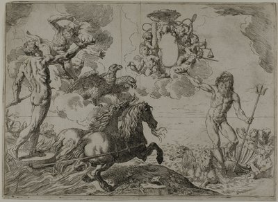 A Jupiter, a Neptunusz és a Plútó felajánlja koronáját Borghese bíboros karjainak alkotó: Simone Cantarini