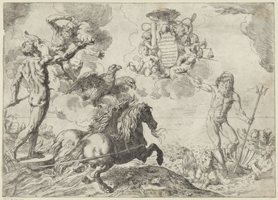 A Jupiter, a Neptunusz és a Plútó felajánlja koronáját Scipione Borghese bíboros címerének Tézis: Jupiter, Neptunusz és Plútó coronas suas offerunt armis (cím az objektumon) alkotó: Simone Cantarini