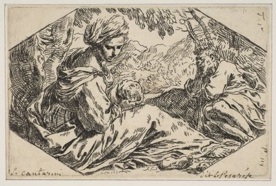 Nyugodj meg Egyiptomban, Mária kezében tartja és nézi a csecsemő Krisztust, miközben Szent József s..., kb. 1637-1639. alkotó: Simone Cantarini