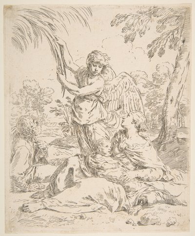 Nyugodj meg Egyiptomban, Mária szoptatja a csecsemő Krisztust, miközben egy angyal a fa ágait húzza, kb. 1639. alkotó: Simone Cantarini