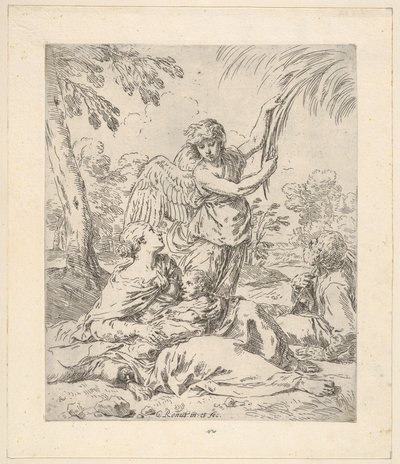 Nyugodj meg Egyiptomban, Mária ápolja a csecsemő Krisztust, miközben egy angyal a fa ágát húzza..., kb.1630-1648. alkotó: Simone Cantarini