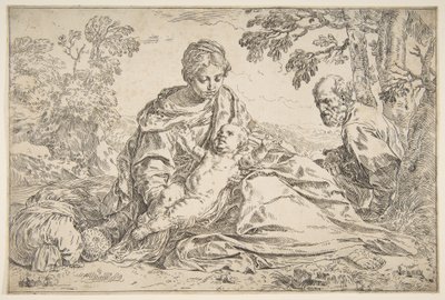 Pihenjen az Egyiptomba tartó járaton, Mária a kisded Krisztust fogja, jobbra Szent Józseffel, kb. 1640. alkotó: Simone Cantarini