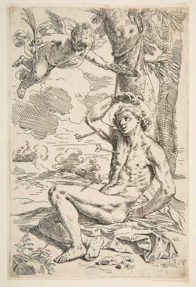 Szent Sebestyén nyilakkal áttörve és fához kötve, kb. 1639. alkotó: Simone Cantarini