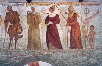 Halál a sánta férfival, az apácával, a fiatal asszonnyal, az öregasszonnyal és a gyerekkel, részlet a Haláltáncból alkotó: Simone II Baschenis