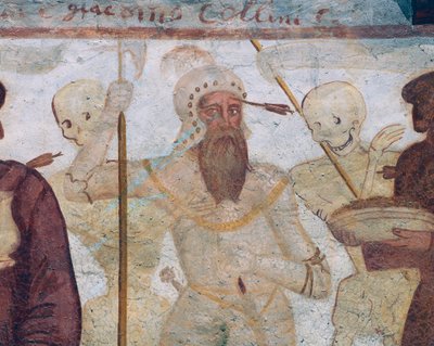 Halál a harcossal (a hőssel), részlet A haláltáncból alkotó: Simone II Baschenis