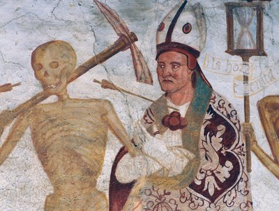 A püspök és a halál, részlet a Haláltánc című filmből alkotó: Simone II Baschenis