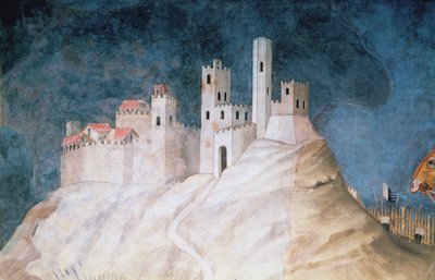 Megemlékezés Guidoriccio da Foglianóról Montemassi ostrománál, Montemassi erőd részlete a Sala del Mappamondóból, 1328 alkotó: Simone Martini