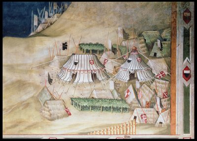 Megemlékezés Guidoriccio da Foglianoról Montemassi ostrománál, a katonai tábor részlete, a Sala del Mappamondóból, 1328 alkotó: Simone Martini