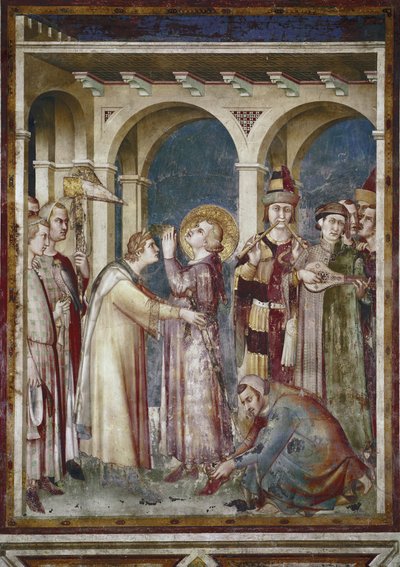Freskó Szent Márton életéről. Szent Márton lovag, részlet. Az eveque Saint Martin de Tours és a zenészek. Simone Martini (1280-1344) festménye. Freskó alkotó: Simone Martini