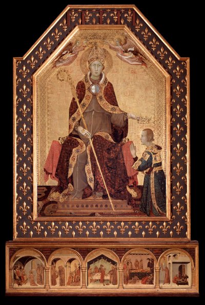 Anjou-i Szent Lajos (Toulouse) koronája I. Róbert nápolyi (1277-1343) Simone Martini festménye (kb. 1284-1344) 1317 Méret: 200x138 cm Nápoly, Museo Nazionale di Capodimonte, inv Q 34 alkotó: Simone Martini