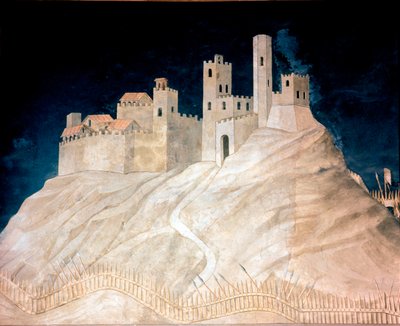 A maremmai (Maremma) Montemassi kastély látképe 1328-ban. Simone Martini freskója (1284 kb.-1344) alkotó: Simone Martini