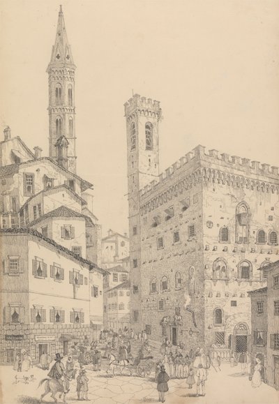 30 megtekintést tartalmazó album Tirolban és Olaszországban: Déli nézet a Barqello-ról vagy az Állami börtönről és a Badia-toronyról 1842. május 3. alkotó: Sir Charles D