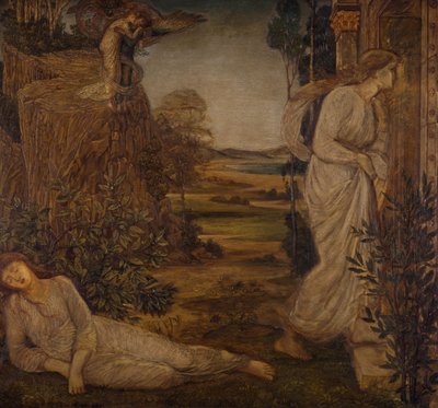 Ámor és Psyche – Palotai zöld falfestmények – Zephyrus Bearing Psyche to the Mountain, 1881. alkotó: Sir Edward Coley Burne Jones