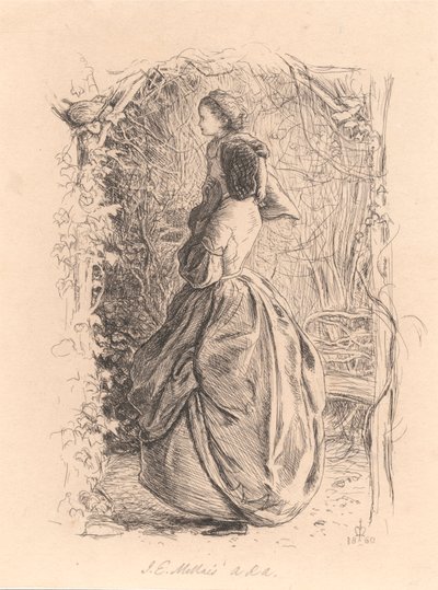 Boldog tavaszi időt. Nő és gyermek nézi a madarat a fészekben. alkotó: Sir John Everett Millais