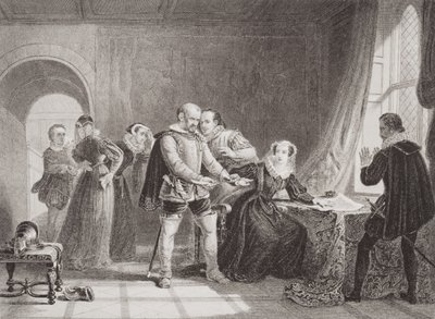Mária skót királynő (1542-87) kénytelen volt aláírni trónról való lemondását a Lochleven kastélyban 1567-ben, az „Az angol és skót történelem illusztrációi” I. kötetéből. alkotó: Sir William Allan