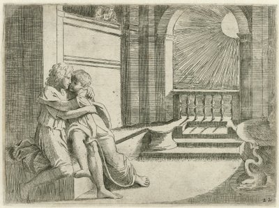 Abimelech ziet Isaak Rebekka liefkozen Bijbelse jelenetek (sorozat címe) Historia del Testamento Vecchio / Raffaelle di Urbin festette Rómában a Vatikánban (...) (sorozat címe) alkotó: Sisto Badalocchio