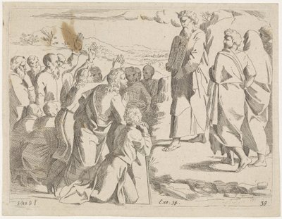 Mózes megmutatja a törvény táblázatait a népnek Bibliai jelenetek (sorozat címe) Historia del Testamento Vecchio / Dipinta in Roma nel Vaticano da Raffaelle di Urbino (...) (sorozat címe) alkotó: Sisto Badalocchio