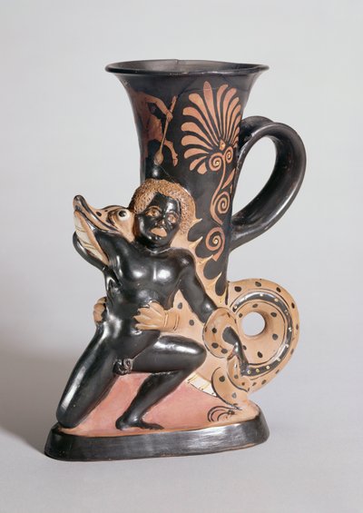 Piros szarv alakú rhyton, amely egy krokodilt ábrázol, amint egy núbiait támad meg, görög, Kr.e. 350 körül (agyag) alkotó: Sotades