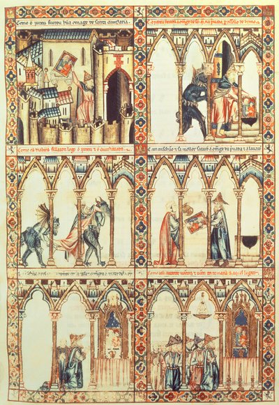 102-0002738 T.I.I. Cantiga 34, illusztráció a "Cantigas de Santa Maria"-ból, X. Alfonso ("A Bölcs") Kasztília és León királya (1221-84) irányítása alatt készült (vellum) (lásd még: 68647) alkotó: Spanish School