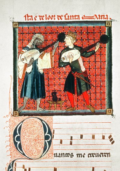 124-0633321/1 Egy mór és egy keresztény lanton játszik, miniatűr X. Alfonso "Cantigas" "Bölcs" (1221-84) zenei könyvében (vellum) alkotó: Spanish School